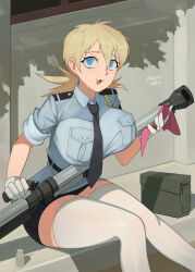Rule 34 | 1girl, ammunition box, anti-materiel rifle, barleyshake, belt, black belt, black necktie, black skirt, blonde hair, blue eyes, blue shirt, breasts, cannon, feet out of frame, gloves, gun, hellsing, hellsing 30mm anti-tank cannon harkonnen, highres, large breasts, long hair, looking at viewer, necktie, open mouth, rifle, seras victoria, shadow, shirt, short sleeves, signature, skirt, sniper rifle, solo, thighhighs, weapon, white gloves, white thighhighs