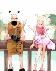 1boy 1girl absurdres animal antenna_hair aomushimm beard black_gloves black_hair blonde_hair braided_twintails closed_eyes commentary_request conis_(one_piece) cup dress facial_hair father_and_daughter fox gloves highres holding holding_cup one_piece pagaya palm_tree pink_dress sitting sleeveless sleeveless_dress slippers smile smoke su_(one_piece) tree white_wings wings yellow_dress