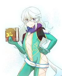 Rule 34 | 10s, 1boy, bad id, bad twitter id, bishounen, bodysuit, book, center opening, cosplay, crossdressing, glasses, gloves, long hair, male focus, mikleo (tales), presa (tales), presa (tales) (cosplay), purple eyes, skin tight, smile, solo, tales of (series), tales of xillia, tales of zestiria, white hair