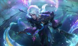 Rule 34 | 1boy, aurora, closed mouth, coat, commentary, deer, english commentary, floating, frozen lake, fur-trimmed coat, fur trim, holding, holding brush, holding weapon, hwei (league of legends), lake, league of legends, light particles, long hair, male focus, official alternate costume, official alternate hairstyle, official art, outdoors, ponytail, purple coat, purple eyes, smile, snow, snowflakes, solo, tree, weapon, white hair, winterblessed hwei