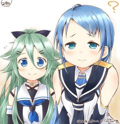Rule 34 | 10s, 2girls, ?, bare shoulders, black ribbon, blue eyes, blue hair, blush, breasts, choker, commentary request, elbow gloves, flying sweatdrops, gloves, gradient background, gradient hair, green hair, hair between eyes, hair ribbon, highres, kantai collection, leaning forward, long hair, mae (maesanpicture), multicolored hair, multiple girls, numbered, personality switch, ponytail, ribbon, samidare (kancolle), school uniform, simple background, sleeveless, smile, swept bangs, twitter username, upper body, yamakaze (kancolle)