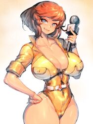 Rule 34 | 1girl, april o&#039;neil, belt, black bra, bodysuit, bra, breasts, brown hair, cameltoe, cleavage, covered erect nipples, fumio (rsqkr), groin, hand on own hip, highres, holding, holding microphone, huge breasts, large breasts, leotard, microphone, navel, nipples, smile, solo, teenage mutant ninja turtles, thick thighs, thighs, underwear, wide hips, yellow leotard