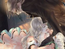 Rule 34 | 1boy, 1girl, akutsu yoshiya, blonde hair, censored, clenched teeth, dress, closed eyes, fellatio, formal, frown, game cg, glasses, hetero, holding hands, licking, long hair, male face, mosaic censoring, open mouth, oral, otome game, penis, precum, suit, sweat, teeth, tongue, tsubasa no oka no hime, white theme
