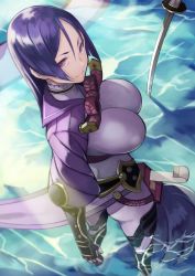 Rule 34 | 1girl, absurdres, armor, bracer, breasts, fate/grand order, fate (series), fingerless gloves, from above, gloves, high collar, highres, hip armor, katana, large breasts, leg armor, minamoto no raikou (fate), pelvic curtain, puffy sleeves, purple eyes, purple hair, sailor collar, smile, solo, standing, sword, water, weapon, yoshio (55level)