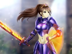 Rule 34 | 1girl, abs, armor, bad id, bad pixiv id, blurry, blurry background, boobplate, breastplate, breasts, brown hair, dot nose, female knight, flaming sword, flaming weapon, gauntlets, gigamessy, gorget, greaves, knight, long hair, magic, midriff, navel, original, ponytail, purple theme, shield, shoulder armor, sidelocks, solo, sword, tiara, vambraces, weapon, yellow eyes
