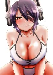 Rule 34 | 10s, 1girl, :3, bent over, bikini, blush, breasts, cleavage, eyepatch, fang, fang out, female focus, hair between eyes, headgear, highres, kanno takanori, kantai collection, large breasts, purple hair, red eyes, short hair, simple background, smile, solo, swimsuit, tenryuu (kancolle), upper body, white background, white bikini
