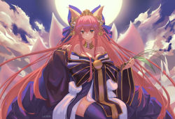 Rule 34 | 1girl, animal ear fluff, animal ears, bare shoulders, bell, blue kimono, blue ribbon, blue thighhighs, breasts, cleavage, collarbone, crown, fate/grand order, fate (series), fox ears, fox girl, fox tail, hair ribbon, highres, japanese clothes, kimono, large breasts, long hair, looking at viewer, lucidsky, multiple tails, official alternate costume, pink hair, ribbon, solo, sun, tail, tamamo (fate), tamamo no mae (fate/extra), tamamo no mae (third ascension) (fate), thighhighs, very long hair, yellow eyes