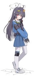 Rule 34 | 1girl, ahoge, binoculars, black gloves, black hair, blue archive, blue shirt, blue skirt, blush, gloves, green neckerchief, halo, headgear, highres, interlocked fingers, leaf, leaf on head, long hair, long sleeves, looking at viewer, miyu (blue archive), neckerchief, nyaru (nyaru 4126), own hands together, pantyhose, parted lips, pleated skirt, puffy long sleeves, puffy sleeves, red eyes, sailor collar, shirt, shoes, simple background, skirt, sleeves past wrists, solo, standing, very long hair, white background, white footwear, white pantyhose, white sailor collar