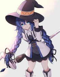 Rule 34 | 1girl, absurdres, artist name, black hat, blue eyes, blue hair, boots, bow, braid, breasts, closed mouth, crossed bangs, hair between eyes, hair bow, hat, highres, holding, holding staff, lawnielle, long hair, long sleeves, looking at viewer, mushoku tensei, roxy migurdia, small breasts, solo, staff, twin braids, very long hair, witch hat