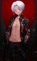 Rule 34 | 1boy, black pants, chromatic aberration, collarbone, commentary request, cowgirl position, dark, earrings, hands in pockets, highres, jacket, jewelry, kurokawa izana, looking at viewer, m1yu, male focus, navel, navel piercing, open clothes, open jacket, pants, parted bangs, piercing, purple eyes, short hair, solo, standing, straddling, symbol-shaped pupils, tokyo revengers, white hair