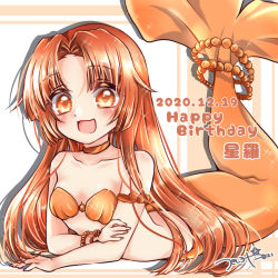 Rule 34 | 1girl, bare shoulders, blush, bra, bracelet, breasts, floating hair, hime cut, jewelry, long hair, looking at viewer, mermaid, mermaid melody pichi pichi pitch, monster girl, necklace, open mouth, orange eyes, orange hair, pearl bracelet, seira (mermaid melody pichi pichi pitch), shell, shell bikini, smile, solo, underwear, white background