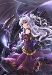 Rule 34 | 1girl, bad id, bad twitter id, bare shoulders, collar, dark sky, detached sleeves, dragon, dress, fantasy, floating hair, flower, frilled collar, frilled cuffs, frilled dress, frills, from side, hair between eyes, hair flower, hair ornament, hands up, highres, kneehighs, long hair, looking to the side, navy (navy.blue), original, outdoors, parted lips, purple dress, purple flower, purple rose, purple socks, red eyes, rose, silver hair, socks, solo, two side up, wavy hair, wide sleeves, wrist cuffs