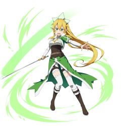 Rule 34 | 1girl, blonde hair, boots, braid, brown footwear, full body, green eyes, highres, leafa, long hair, official art, open mouth, pointy ears, ponytail, sword, sword art online, sword art online: memory defrag, thighhighs, transparent background, twin braids, weapon