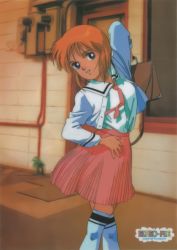 Rule 34 | 1980s (style), 1girl, blouse, blue eyes, briefcase, casual, character name, elpeo puru, feet out of frame, gundam, gundam zz, high-waist skirt, indoors, long sleeves, looking at viewer, official art, oldschool, orange hair, over-kneehighs, parted lips, pink neckwear, pink skirt, pleated skirt, retro artstyle, school briefcase, shirt, shirt tucked in, short hair, skirt, smile, solo, thighhighs