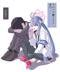 Rule 34 | 1boy, 1girl, antenna hair, armband, badge, blue archive, blue hair, blush, covering face, crossed arms, doughnut, food, fubuki (blue archive), head down, highres, hugging own legs, knees up, long hair, necktie, no headwear, no headwear, pantyhose, red eyes, sensei (blue archive), shaded face, shoes, sitting, tonomiya68, translation request, twintails, uniform, white background