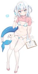 Rule 34 | 1girl, absurdres, alternate costume, bandages, bikini, bikini under clothes, blue bikini, blue eyes, blue hair, blunt bangs, blush, bra, breasts, clipboard, cloba, crop top, fins, fish tail, garter belt, gawr gura, gloves, grin, hair ornament, hat, high heels, highres, holding, holding syringe, hololive, hololive english, long hair, looking at viewer, medium hair, multicolored hair, navel, nurse, nurse cap, shark girl, shark hair ornament, shark tail, shrug (clothing), simple background, sitting, skindentation, small breasts, smile, solo, streaked hair, swimsuit, swimsuit under clothes, syringe, tail, teeth, thighhighs, two side up, underwear, virtual youtuber, white background, white garter belt, white gloves, white hair, white thighhighs