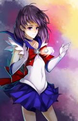 Rule 34 | 1girl, bishoujo senshi sailor moon, blue skirt, bow, brooch, chico907, choker, elbow gloves, expressionless, gloves, jewelry, magical girl, multicolored background, purple eyes, purple hair, red bow, ribbon, sailor collar, sailor saturn, short hair, skirt, solo, star brooch, tiara, tomoe hotaru, white gloves