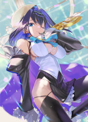 Rule 34 | 1girl, bare shoulders, black hair, blue eyes, blue hair, breasts, cleavage, cleavage cutout, clothing cutout, detached sleeves, finger to mouth, grin, hair ornament, headgear, highres, hololive, hololive english, looking at viewer, medium breasts, ohland, one eye closed, ouro kronii, ouro kronii (1st costume), parted bangs, parted lips, ribbon, smile, solo, thighhighs, virtual youtuber