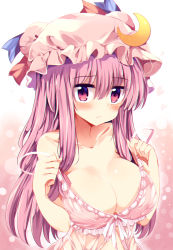 Rule 34 | 1girl, babydoll, bare shoulders, blunt bangs, blush, breasts, cleavage, collarbone, crescent, crescent hair ornament, hair ornament, hat, hat ribbon, highres, large breasts, long hair, looking at viewer, maturiuta sorato, mob cap, off shoulder, patchouli knowledge, purple eyes, purple hair, ribbon, solo, touhou, upper body
