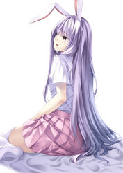 Rule 34 | 1girl, animal ears, light purple hair, long hair, on bed, parted lips, rabbit ears, red eyes, reisen udongein inaba, shirt, short sleeves, simple background, sitting, skirt, solo, touhou, unowen, very long hair, vest, white background