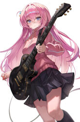 Rule 34 | 1girl, absurdres, black skirt, black socks, blurry, blurry background, bocchi the rock!, closed mouth, cube hair ornament, electric guitar, gotoh hitori, guitar, hair between eyes, hair ornament, highres, holding, holding instrument, instrument, jacket, leg up, long hair, long sleeves, looking at viewer, pink hair, pink jacket, pleated skirt, poise, sidelocks, simple background, skirt, socks, solo, standing, thighs, track jacket, white background