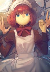 Rule 34 | 1boy, 1girl, blue eyes, boa (brianoa), broken plate, expressionless, frown, highres, hisui (tsukihime), looking at viewer, lying, maid, maid headdress, melty blood, on back, plate, pov, red hair, ribbon, short hair, sweatdrop, tohno shiki, tsukihime, wooden floor