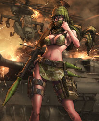 Rule 34 | 1girl, ah-64 apache, aircraft, bare shoulders, bikini, black hair, breasts, caterpillar tracks, helicopter, high-explosive anti-tank (warhead), holster, ikegami noroshi, man-portable anti-tank systems, military, military vehicle, motor vehicle, navel, original, red eyes, rocket-propelled grenade, rocket (projectile), rocket launcher, rpg, rpg-7, rpg (weapon), short hair, solo, sparks, swimsuit, tank, thigh holster, vehicle, weapon