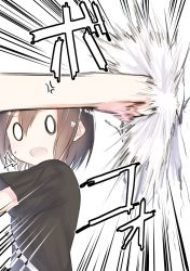 Rule 34 | 0 0, 1girl, ^^^, anger vein, black shirt, brown hair, commentary request, emphasis lines, hair between eyes, highres, looking at viewer, motion blur, open mouth, original, punching, shirt, short hair, short sleeves, solo focus, suzunari arare, sweat, translation request, white background, wide sleeves, yuki arare