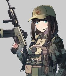 Rule 34 | 1girl, absurdres, assault rifle, baseball cap, brown hair, bulletproof vest, camouflage, closed mouth, gar32, green eyes, grey background, gun, hand up, hat, headset, highres, holding, holding gun, holding weapon, long hair, long sleeves, looking at viewer, microphone, original, rifle, simple background, smile, solo, tactical clothes, trigger discipline, upper body, weapon