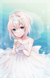 Rule 34 | 1girl, alternate costume, blue eyes, bridal veil, collarbone, crossed arms, dated, dress, gloves, jewelry, kantai collection, looking at viewer, off-shoulder dress, off shoulder, one-hour drawing challenge, pink hair, ponytail, ring, shiranui (kancolle), short hair, single glove, smile, solo, twitter username, u yuz xx, veil, wedding band, wedding dress, white dress, white gloves