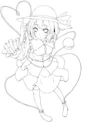 Rule 34 | 1girl, blush, dabadhi, eyeball, female focus, from above, full body, greyscale, hat, heart, heart of string, highres, komeiji koishi, lineart, looking at viewer, monochrome, pigeon-toed, pointing, pointing up, short hair, simple background, smile, solo, thighhighs, third eye, touhou