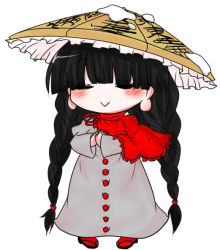 Rule 34 | 1girl, :&gt;, = =, ajirogasa, black footwear, blush, braid, brown hat, buttons, buuwa, capelet, chibi, closed mouth, clothes writing, dress, frilled capelet, frilled hat, frills, full body, geta, grey dress, hat, legs apart, long hair, long sleeves, no nose, own hands together, pigeon-toed, red capelet, red legwear, red ribbon, ribbon, simple background, snow, solo, standing, touhou, twin braids, very long hair, white background, wide sleeves, yatadera narumi