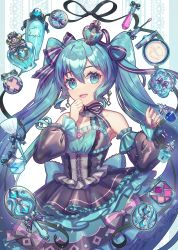 Rule 34 | 1girl, aqua dress, aqua eyes, aqua hair, black bow, black corset, black dress, black sleeves, bow, clenched hand, collarbone, commentary request, corset, cowboy shot, crown, detached sleeves, dress, earrings, gem, hair bow, hand on own face, hatsune miku, highres, jewelry, layered dress, long hair, looking at viewer, open mouth, pink bow, print background, puffy sleeves, raymond busujima, sidelocks, sleeveless, sleeveless dress, smile, solo, standing, striped, striped background, striped bow, twintails, vocaloid, white background