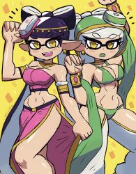 Rule 34 | 2girls, absurdres, armlet, bikini, black hair, blush, bow-shaped hair, bracelet, breasts, callie (splatoon), cephalopod eyes, chaps, choker, claw pose, cleavage, clothes lift, collarbone, cousins, cross-shaped pupils, earrings, egyptian, egyptian clothes, fangs, green bikini, green hat, grey hair, hat, highres, inkling, jewelry, large breasts, long hair, looking at viewer, marie (splatoon), midriff, mole, mole under eye, multiple girls, navel, nintendo, open mouth, pink hat, pink shirt, pink skirt, pointy ears, shirt, side slit, skirt, skirt lift, smile, splatoon (series), squid girl, standing, strapless, swimsuit, symbol-shaped pupils, tentacle hair, tentacles, tony welt, tube top, twintails, usekh collar, veil, yellow background, yellow eyes