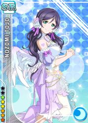 Rule 34 | 10s, 1girl, alternate hairstyle, angel, angel wings, aqua eyes, bare shoulders, barefoot, blue background, blush, bow, card (medium), character name, crescent, crescent moon, detached collar, detached sleeves, dress, flower, frilled dress, frills, gown, gradient background, hair between eyes, hair flower, hair ornament, hairclip, headset, heart, heart tattoo, interlocked fingers, kneeling, long hair, looking at viewer, love live!, love live! school idol festival, love live! school idol project, low twintails, moon, own hands clasped, own hands together, parted bangs, praying, puffy short sleeves, puffy sleeves, purple bow, purple dress, purple hair, short sleeves, smile, solo, sparkle, star (symbol), striped, striped bow, tattoo, tojo nozomi, twintails, wavy hair, white dress, white wings, wings