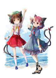 Rule 34 | 2girls, animal ears, arm up, bad id, bad pixiv id, bell, blue dress, braid, breasts, brown eyes, brown hair, cat ears, cat tail, chen, dress, hair bobbles, hair ornament, hat, kaenbyou rin, koma midori, looking at viewer, mob cap, multiple girls, multiple tails, nekomata, open mouth, puffy short sleeves, puffy sleeves, red eyes, ribbon, shirt, short sleeves, skirt, sleeveless, sleeveless shirt, smile, suspenders, tail, tail bell, tail ornament, tail ribbon, touhou, twin braids, wrist ribbon