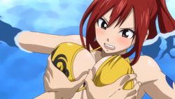 Rule 34 | 1boy, 1girl, angry, animated, animated gif, blue hair, blush, grabbing another&#039;s breast, breasts, cleavage, erza scarlet, fairy tail, grabbing, hetero, jellal fernandes, large breasts, lowres, mask, ponytail, pool, red hair, swimsuit, tattoo, underboob, water