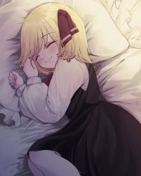 Rule 34 | 1girl, absurdres, ascot, bed sheet, black skirt, black vest, blonde hair, blouse, blush, closed mouth, commentary request, closed eyes, frilled pillow, frills, hair ribbon, highres, long sleeves, lying, nukojinuko, on bed, on side, pantyhose, pillow, red ascot, red ribbon, ribbon, rumia, shirt, short hair, skirt, skirt set, sleeping, smile, solo, touhou, vest, white pantyhose, white shirt