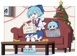 4girls absurdres banana black_hair blue_bow blue_dress blue_hair bow christmas christmas_tree cirno couch dress flying food fruit fumo_(doll) hair_bow hat highres ice ice_wings indoors kame_(kamepan44231) multiple_girls newspaper orange_(fruit) pinafore_dress red_eyes shameimaru_aya short_hair sitting skirt sleeveless sleeveless_dress table tokin_hat touhou window wings