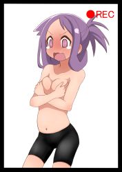 Rule 34 | 1girl, bad id, bad pixiv id, bike shorts, blush, border, breasts, covering breasts, covering privates, embarrassed, gusha (gusya00), hair up, long hair, open mouth, purple eyes, purple hair, recording, saki (manga), simple background, small breasts, solo, suehara kyouko, tears, topless, white background