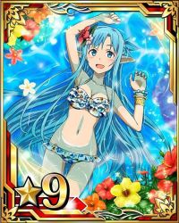 Rule 34 | 10s, 1girl, arm up, asuna (sao), asuna (sao-alo), bikini, blue eyes, blue hair, bracelet, breasts, card (medium), cleavage, collarbone, flower, frilled bikini, frills, from above, hair flower, hair ornament, jewelry, long hair, looking at viewer, lying, matching hair/eyes, medium breasts, navel, on back, open mouth, orange flower, partially submerged, pointy ears, red flower, solo, star (symbol), swimsuit, sword art online, yellow flower