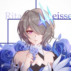 Rule 34 | 1girl, 97552153, bare shoulders, blue flower, blue rose, brown hair, character name, closed mouth, earrings, flower, hair between eyes, hair ornament, hair over one eye, highres, holding, holding flower, honkai (series), honkai impact 3rd, jewelry, looking at viewer, mole, mole under eye, purple eyes, rita rossweisse, rita rossweisse (artemis), rose, short hair, single earring, smile, solo, white background, white flower, white rose