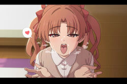 Rule 34 | 1girl, after ejaculation, bow, brown eyes, brown hair, brown sweater vest, collared shirt, commentary, cum, cupping hands, english commentary, facial, gokkun, hair bow, hands up, heart, highres, indoors, long hair, looking at viewer, open mouth, own hands together, paid reward available, pov, red bow, school uniform, shirai kuroko, shirt, short sleeves, sleepy frippy, solo, spoken heart, summer uniform, sweater vest, toaru kagaku no railgun, toaru majutsu no index, tokiwadai school uniform, tongue, tongue out, twintails, white shirt