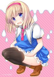 Rule 34 | 1girl, alice margatroid, ascot, bad id, bad twitter id, black thighhighs, blonde hair, blue dress, blue eyes, blush, brown footwear, capelet, cover, cover page, dress, frilled shirt collar, frills, hairband, looking at viewer, open mouth, puffy short sleeves, puffy sleeves, shigemiya kyouhei, shoes, short sleeves, solo, squatting, thighhighs, touhou