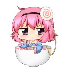 Rule 34 | 1girl, blush, bowl, chibi, cup, food, frilled sleeves, frills, hairband, head rest, highres, in container, in cup, kamaboko, komeiji satori, looking at viewer, narutomaki, noodles, pink eyes, pink hair, suwa yasai, touhou, transparent background, white background