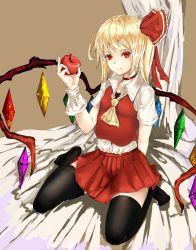 Rule 34 | 1girl, absurdres, apple, ascot, black thighhighs, blonde hair, brown background, choker, fingernails, flandre scarlet, food, fruit, hair ribbon, hand up, highres, looking at viewer, no headwear, no shoes, on bed, red eyes, ribbon, sharp fingernails, short hair, side ponytail, simple background, sitting, skirt, skirt set, smile, solo, thighhighs, touhou, wariza, wings, wrist cuffs, xue feng