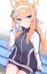 Rule 34 | 1girl, absurdres, blue archive, blue eyes, bottle, bow, cat, cat girl, commentary request, flower, from above, gym shorts, gym uniform, hair between eyes, hair bow, hair flower, hair ornament, hair ribbon, hairband, halo, hayana neru, highres, holding, holding bottle, jacket, long hair, long sleeves, looking at viewer, looking up, low ponytail, mari (blue archive), mari (track) (blue archive), official alternate costume, orange hair, plastic bottle, ribbon, shorts, sidelocks, sitting, solo, track jacket