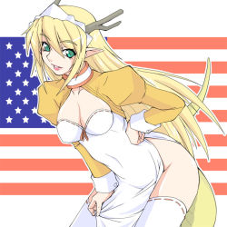 Rule 34 | 1girl, american flag, american flag background, bad id, bad pixiv id, blonde hair, breasts, cleavage, cleavage cutout, clothing cutout, dragon girl, dragon horns, dragon tail, dress, freckles, futaba channel, green eyes, hand on own hip, horns, large breasts, leaning forward, lips, lipstick, long hair, looking at viewer, makeup, nijiura maids, no panties, pointy ears, puffy sleeves, revealing clothes, ribbon-trimmed legwear, ribbon trim, ruriwo (ruriwo1894), seductive smile, shisei, shisei-san, side slit, smile, solo, tail, thighhighs, united states, very long hair, white dress, white thighhighs