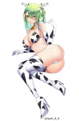 Rule 34 | 1girl, absurdres, animal print, antlers, ass, bell, bikini, boots, breasts, ceres fauna, cow print, cow print bikini, elbow gloves, flower, gloves, green hair, hair flower, hair ornament, hanh chu, highres, hololive, hololive english, horns, large breasts, long hair, lying, mole, mole under eye, neck bell, on side, open mouth, print bikini, simple background, solo, swimsuit, thigh boots, thighhighs, twitter username, virtual youtuber, white background, yellow eyes