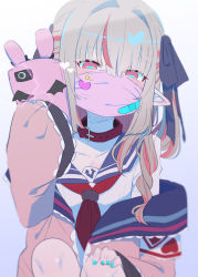 Rule 34 | 1girl, absurdres, bandaid, black bow, blue nails, blue sailor collar, blush, bow, cellphone, fingernails, grey hair, hair bow, hand up, heart, heart-shaped pupils, highres, holding, holding phone, jacket, long sleeves, looking at viewer, makaino ririmu, makaino ririmu (4th costume), mask, mouth mask, multicolored hair, nail polish, neckerchief, nijisanji, off shoulder, phone, pink jacket, pink mask, pointy ears, red hair, red neckerchief, sailor collar, school uniform, serafuku, shirt, short sleeves, sleeves past fingers, sleeves past wrists, smartphone, smartphone case, smile, solo, squatting, streaked hair, surgical mask, symbol-shaped pupils, twintails, two-tone hair, utsusumi kio, virtual youtuber, white shirt